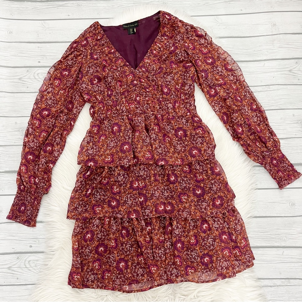 House of Harlow 1960 Boho Paisley Print Ruffle Tiered Long Sleeve Dress